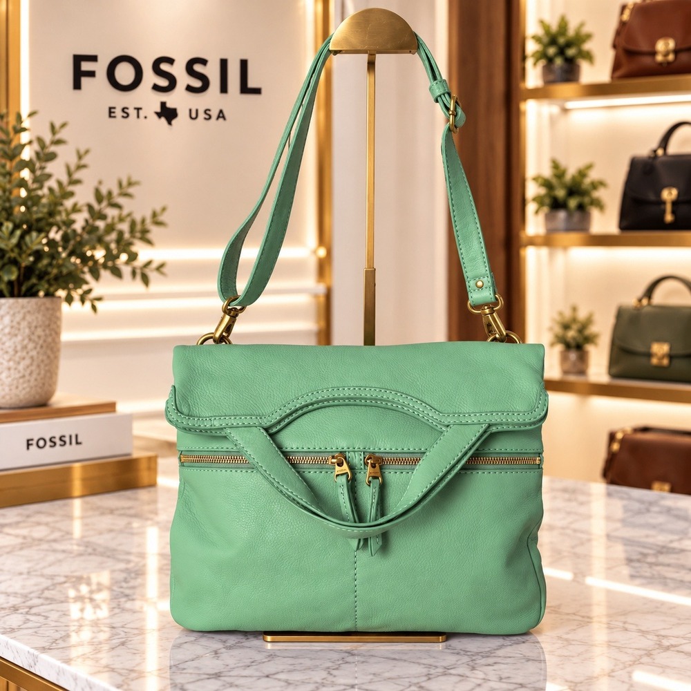 Fossil Erin Mint Green Pebbled Leather Convertible Tote Bag Crossbody Handbag